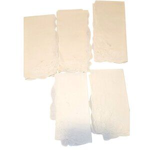 5 Vintage Napkins Linen White Floral Embroidered Scalloped Edges 14x14 Inches